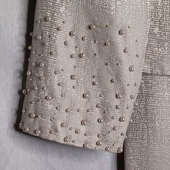 Adrianna Papell Skirt Suit Silk 2pc Womens 10 Beige/Silver Faux Pearl Beaded - Picture 5 of 16